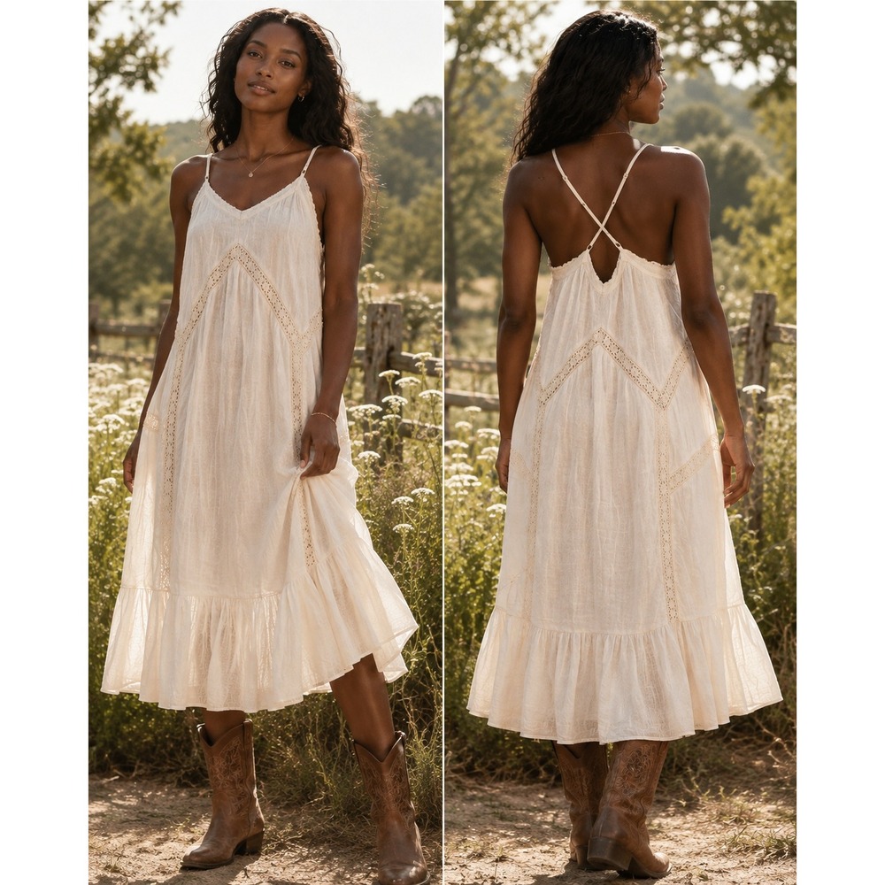 Raga‎ Boho White Gauze Crochet Lace Mini Dress Ruffle Hem Summer Festival Small